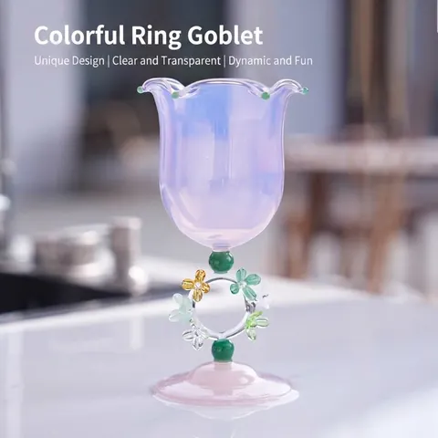 Calice da Vino Iridescente Bordo a Petalo Manico ad Anello con Fiori Fatti a Mano Bicchiere Elegante Rosa Viola