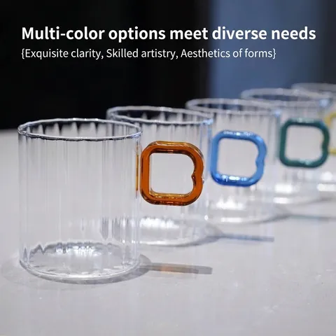 Minimalist Ribbed Borosilicate Glass Cup With Colored Geometric Handle Transparent Heat Resistant Breakfast Coffee Milk Mug