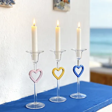 Candelabro de Vidrio de Pie Alto con Forma de Corazón Estilo Europeo para Cena Romántica Boda Decoración del Hogar Ornamento