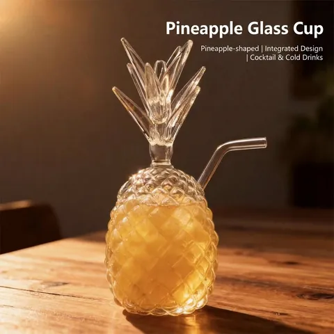 Creative Pineapple Shape Embossed Glass Cocktail Cup With Straw And Lid Novelty Juice Beverage Drinking Glass For Bar Home