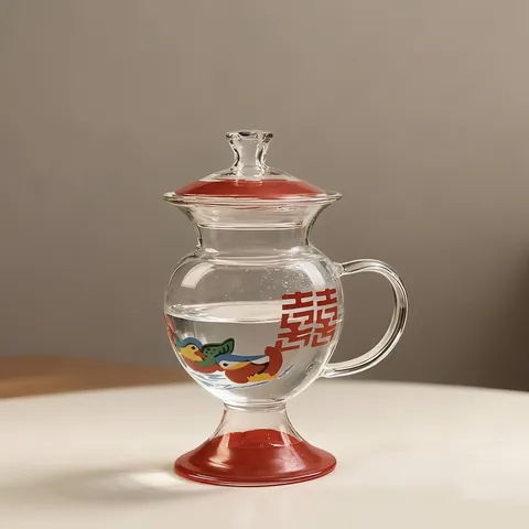 Retro Chamber Pot Shaped Glass Mug Funny Traditional Double Happiness Printed Water Cup With Lid Handle 420ml Gift Mug