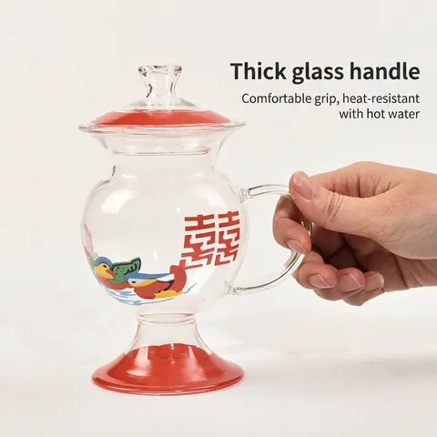 Retro Chamber Pot Shaped Glass Mug Funny Traditional Double Happiness Printed Water Cup With Lid Handle 420ml Gift Mug