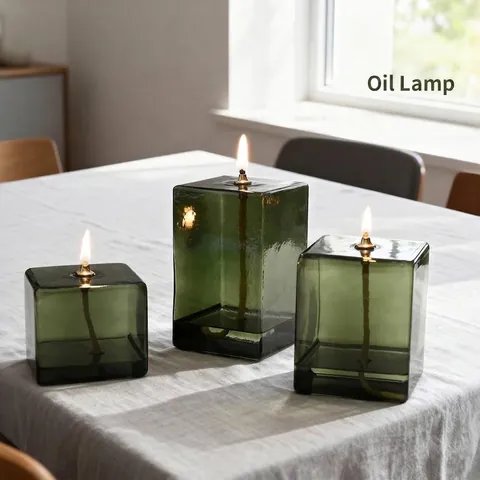 Lampada a Olio in Vetro Quadrato Verde Retrò Creativa Stile Europeo Vetro Borosilicato Ornamento da Scrivania Decorazioni Casa