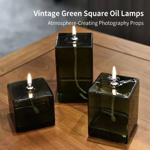Lampada a Olio in Vetro Quadrato Verde Retrò Creativa Stile Europeo Vetro Borosilicato Ornamento da Scrivania Decorazioni Casa