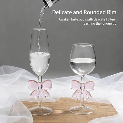 Creative Borosilicate Glass Red Wine Glass Pink Bow Champagne Flute Romantic Gift Glassware For Valentine Day Wedding Party
