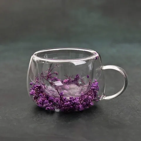 Taza de Café Creativa de Vidrio de Borosilicato de Doble Pared Con Asa Taza Con Flores Preservadas Aislada para Té Leche