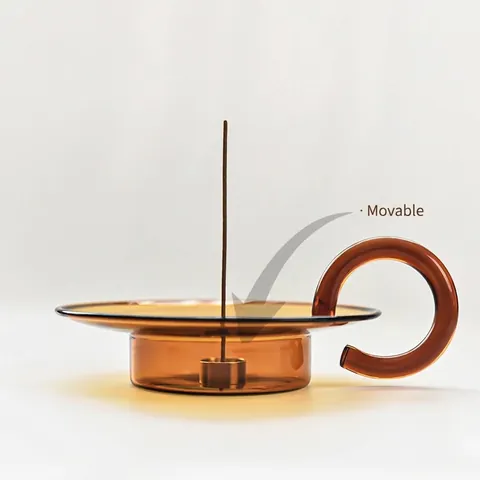 Amber Glass Incense Holder With Ring Handle Multi-Hole Metal Base Modern Decorative Candle Tray For Stick Incense Home Decor