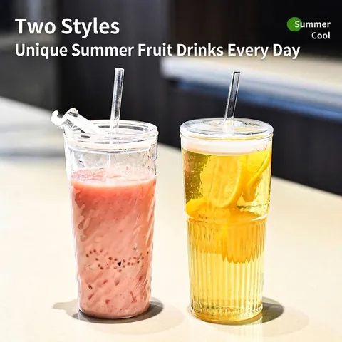 Ins Style Borosilicate Glass Straw Cup With Lid Large Capacity 670ml Ripple Vertical Stripe Heat Resistant Mug