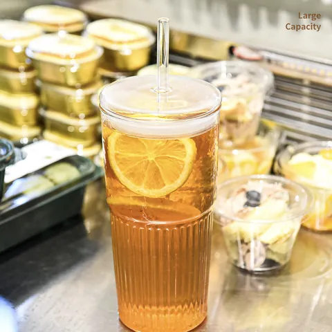 Ins Style Borosilicate Glass Straw Cup With Lid Large Capacity 670ml Ripple Vertical Stripe Heat Resistant Mug