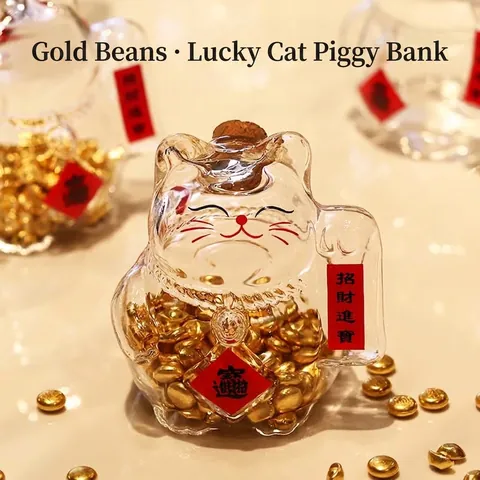 Salvadanaio in Vetro a Forma di Gatto della Fortuna Barattolo Trasparente in Vetro Borosilicato Con Tappo di Sughero Arredamento Casa