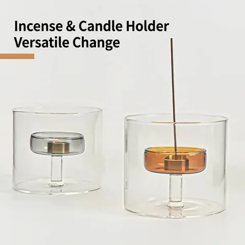 Creative New Chinese Glass Incense Burner Holder Mid-Century Minimalist Candle Holder Multi-Hole Metal Insert Desktop Ornament