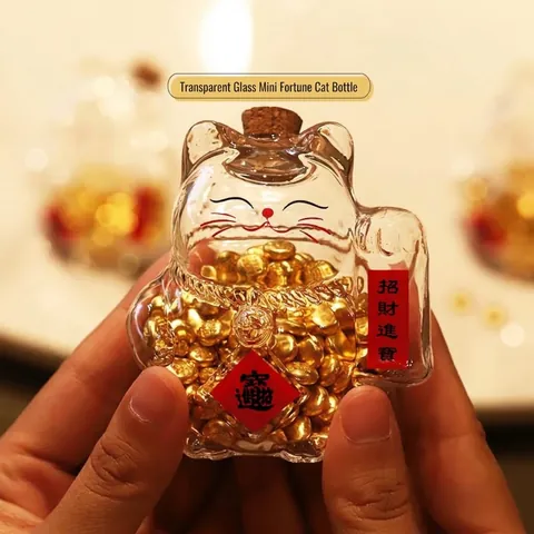 Salvadanaio in Vetro a Forma di Gatto della Fortuna Barattolo Trasparente in Vetro Borosilicato Con Tappo di Sughero Arredamento Casa