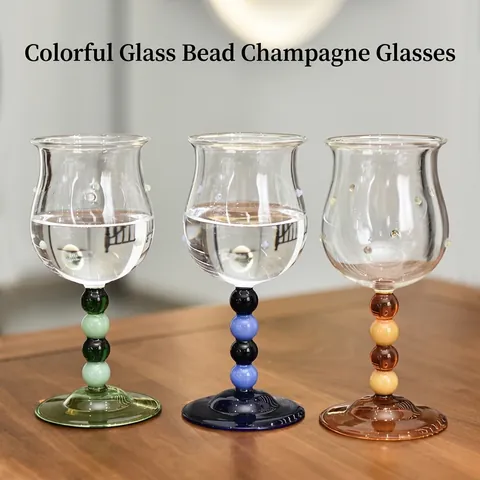 Copa de Vidrio Vintage Francés con Tallo de Cuentas de Colores Vidrio Resistente al Calor con Lunares para Champaña Vino Cóctel