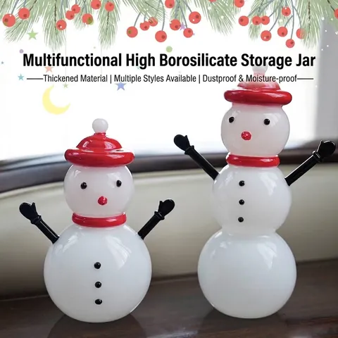 Creative Christmas Snowman Glass Storage Jar with Red Hat Lid Decorative Candy Jar for Home Party Christmas Decor Gift