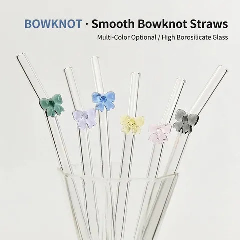 Hand Blown Borosilicate Glass Straw With Colorful Bowknot Decoration Reusable Heat Resistant Curved Drinking Straw For Coffee