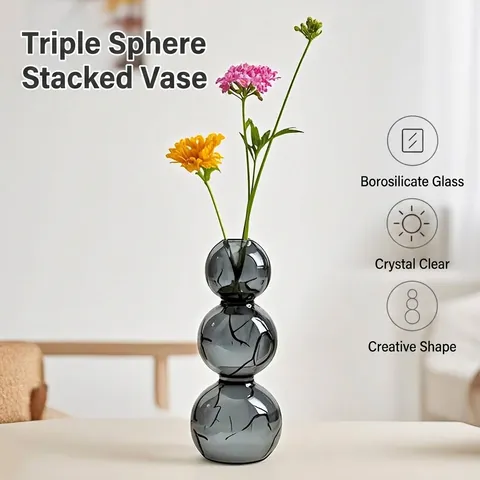 Vase en Verre Bulle Minimaliste Moderne Nordique à Trois Sphères Empilées Vase à Fleurs Hydroponique Gris Élégant Décor de Table
