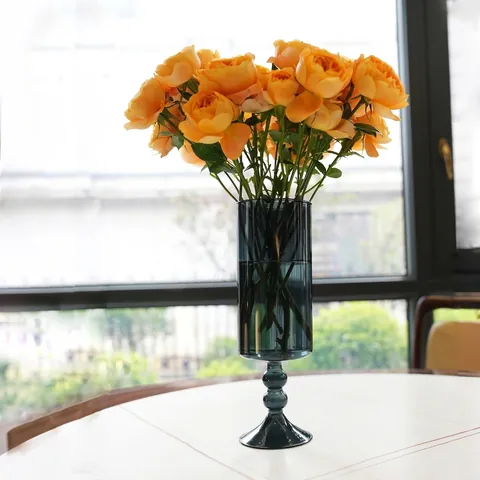 Vaso in Vetro Grigio Metà Secolo con Stelo Soffiato a Mano Vaso da Fiori Lampada a Uragano per Soggiorno Arredamento Tavolo Casa