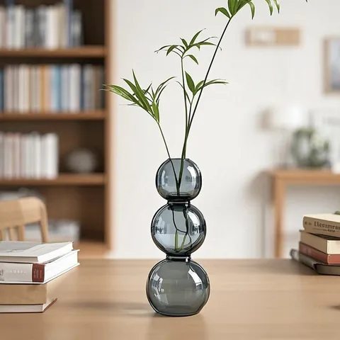 Vase en Verre Bulle Minimaliste Moderne Nordique à Trois Sphères Empilées Vase à Fleurs Hydroponique Gris Élégant Décor de Table