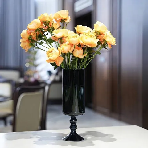 Vaso in Vetro Grigio Metà Secolo con Stelo Soffiato a Mano Vaso da Fiori Lampada a Uragano per Soggiorno Arredamento Tavolo Casa