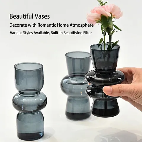 Französische Vintage Rauchgraue Glasvase Hochborosilikatglas Hydroponischer Blumentopf Wohnzimmer Minimalistisches Desktop Dekor