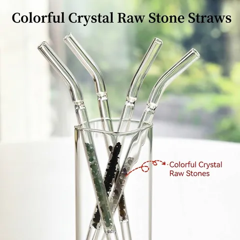 Creative Heat Resistant Borosilicate Glass Drinking Straw Reusable Curved Straw Filled With Natural Crystal Stones For Home Kitchen