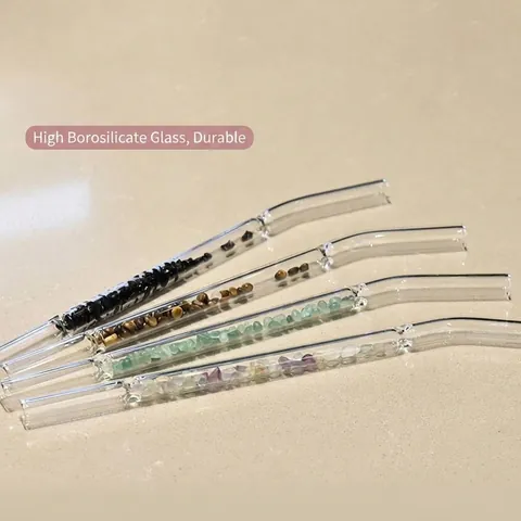 Creative Heat Resistant Borosilicate Glass Drinking Straw Reusable Curved Straw Filled With Natural Crystal Stones For Home Kitchen