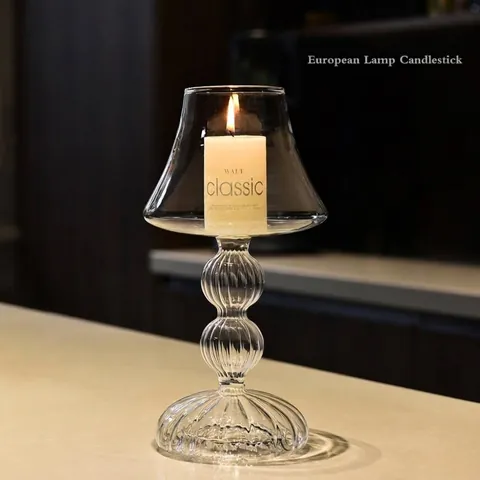 European Retro Table Lamp Shaped Glass Candle Holder Clear Light Luxury Decorative Votive Candle Stand For Wedding Home Decor