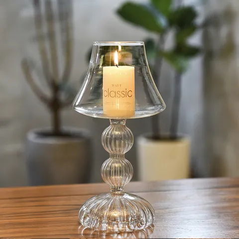 European Retro Table Lamp Shaped Glass Candle Holder Clear Light Luxury Decorative Votive Candle Stand For Wedding Home Decor