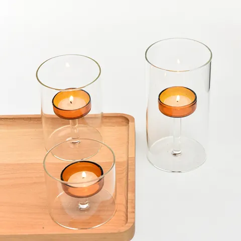 European Cylindrical Blown Glass Candlestick Set Nordic Minimalist Windproof Amber Gray Candle Holder For Wedding Home Decor