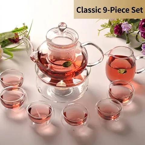 Heat Resistant Borosilicate Glass Teapot And Warmer Base And Pitcher And Double Walled Cups Nordic Style Clear Glass Teaware Collection
