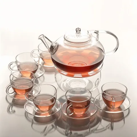 Heat Resistant Borosilicate Glass Teapot And Warmer Base And Pitcher And Double Walled Cups Nordic Style Clear Glass Teaware Collection