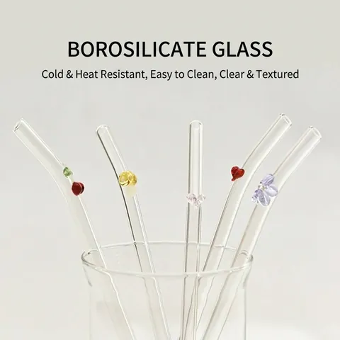 Reusable High Borosilicate Glass Straws With Colorful Butterfly Flower Mushroom Heart Decor Heat Resistant Drinking Straws For Juice Milk