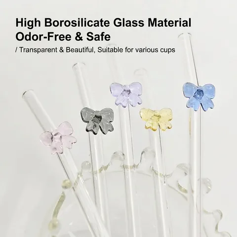 Hand Blown Borosilicate Glass Straw With Colorful Bowknot Decoration Reusable Heat Resistant Curved Drinking Straw For Coffee