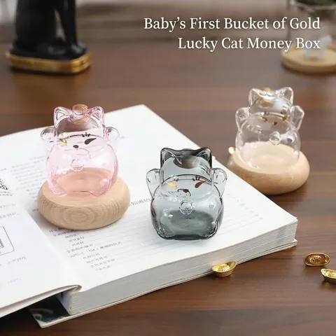 Mini Tirelire en Verre Forme Chat Jarre de Rangement Haricots d'Or Avec Base en Bois Bouchon de Liège Bouteille Cadeau