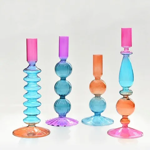 Bougeoir en Verre de Couleur Vintage Soufflé à la Main Chandelier Décoratif pour Maison Mariage Fête Centre de Table Décor Style Ins