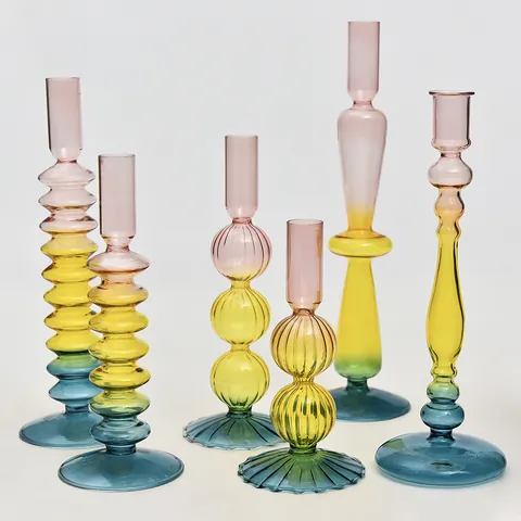 European Creative Colored Glass Candlestick Retro Contrast Gradient Candle Holder Home Decor Wedding Photography Props