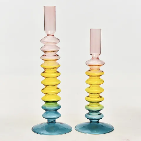 European Creative Colored Glass Candlestick Retro Contrast Gradient Candle Holder Home Decor Wedding Photography Props