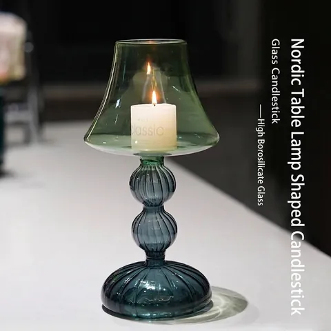 Chandelier en Verre Vintage Nordique Forme de Lampe de Table Grand Porte-bougie en Verre Borosilicaté Coloré Vert Gris Déco