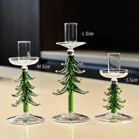 Candelabro de Vidrio de Árbol de Navidad Vintage Europeo Vidrio Verde Soplado a Mano Porta Velas para Mesa Decoración Hogar Regalo