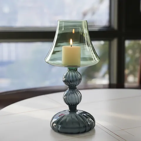 Chandelier en Verre Vintage Nordique Forme de Lampe de Table Grand Porte-bougie en Verre Borosilicaté Coloré Vert Gris Déco