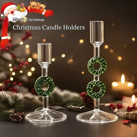 Candelabro de Vidrio de Árbol de Navidad Vintage Europeo Vidrio Verde Soplado a Mano Porta Velas para Mesa Decoración Hogar Regalo