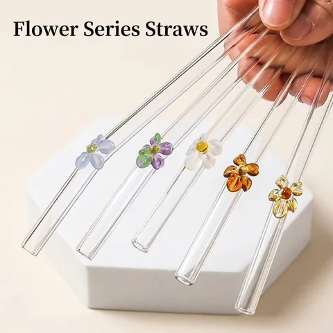 Creative Floral Glass Straws Reusable Heat Resistant Transparent Flower Drinking Straw For Juice Milk Smoothie Party Decor