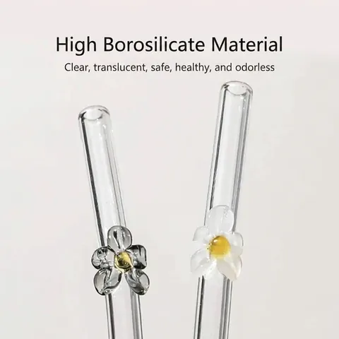 Creative Floral Glass Straws Reusable Heat Resistant Transparent Flower Drinking Straw For Juice Milk Smoothie Party Decor