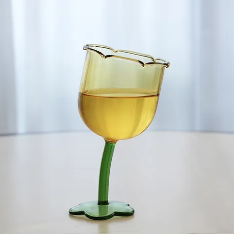 Handmade Flower Shape Borosilicate Glass Wine Glass Vintage French Tulip Bent Stem Champagne Flute Creative Drinkware