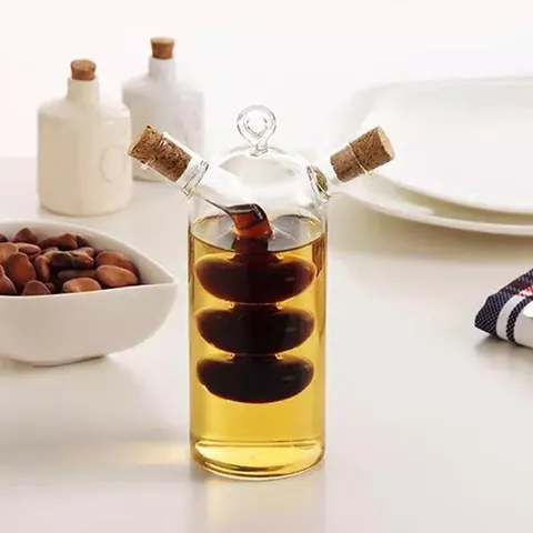 Creative 2-in-1 Glass Oil And Vinegar Dispenser Bottle With Cork Stopper Transparent Borosilicate Glass Seasoning Cruet For Kitchen Home