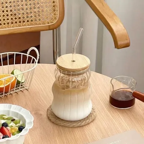 Taza de Vidrio con Forma de Nube Ondulada Tapa de Bambú y Pajita de Vidrio Taza de Café Roscada Vidrio de Borosilicato Vaso