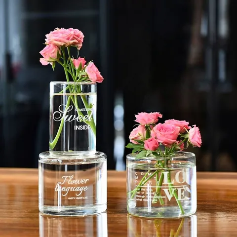 Vase en Verre Transparent Européen Créatif Impression de Lettres Anglaises Vase à Fleurs Hydroponique Bouteille d'Arôme Décorative