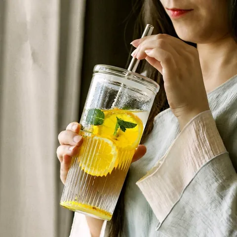 High Borosilicate Glass Straw Cup With Lid Large Capacity Ins Style Transparent Vertical Stripe Coffee Mug For Women