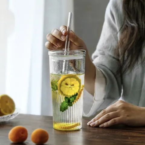 High Borosilicate Glass Straw Cup With Lid Large Capacity Ins Style Transparent Vertical Stripe Coffee Mug For Women