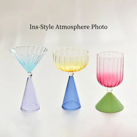 Creative Gradient Glass Dessert Cup Heat Resistant Stemmed Ice Cream Bowl Wavy Rim Ribbed Cocktail Glass For Home Party